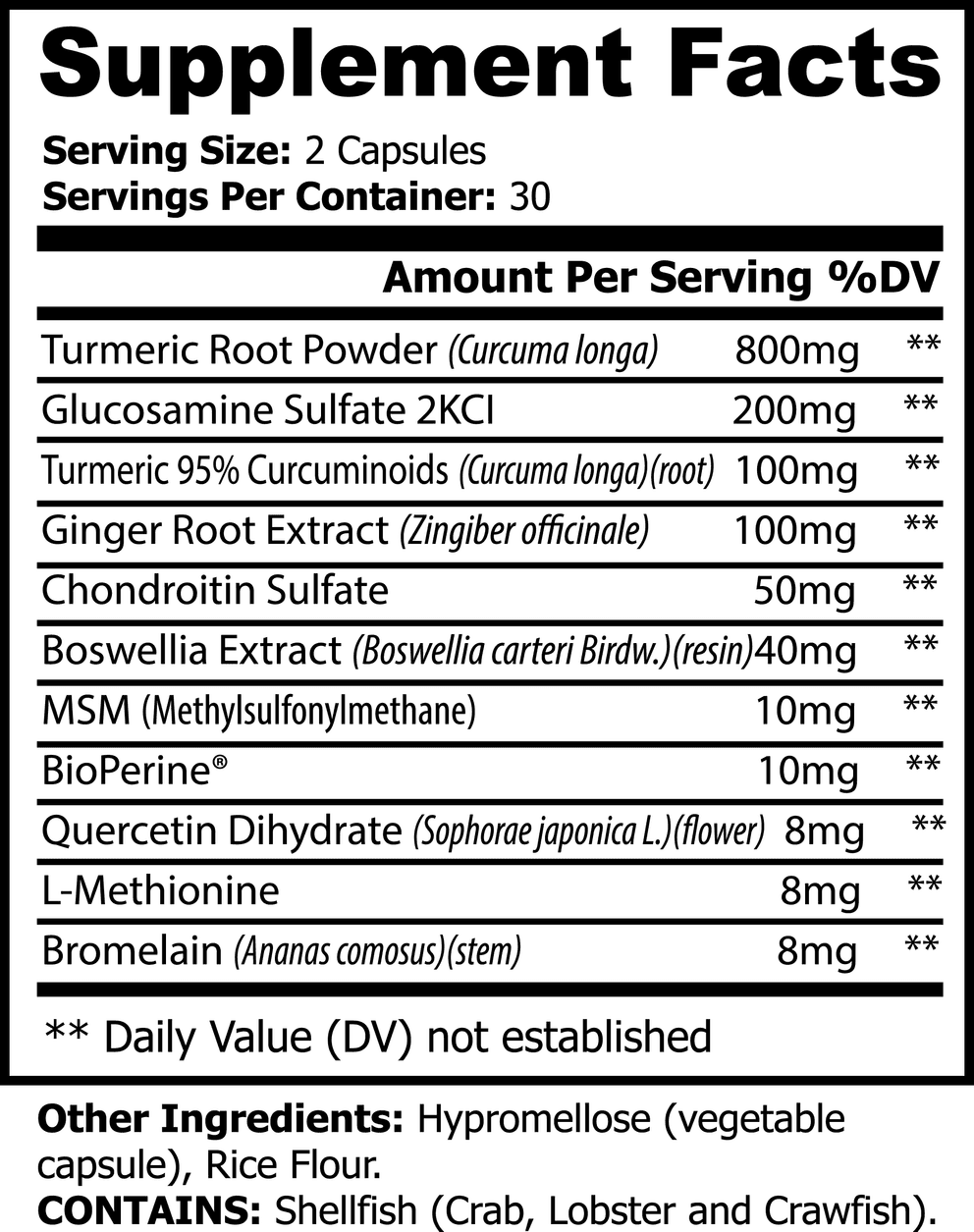 Platinum Turmeric nutritional facts