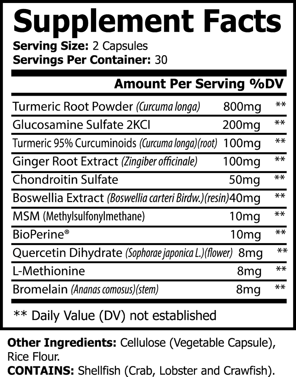 Platinum Turmeric nutritional facts